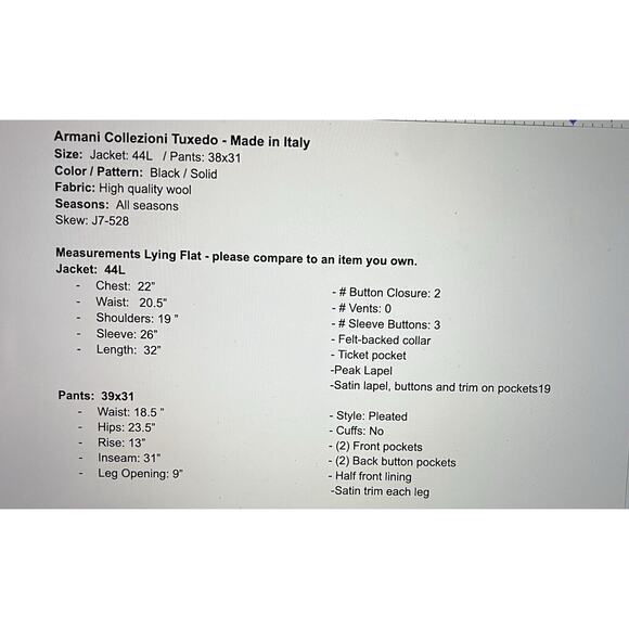 Armani Collezioni 44L 38x31 Black Tuxedo Designer 2-Piece Suit Set Tux - Picture 11 of 16